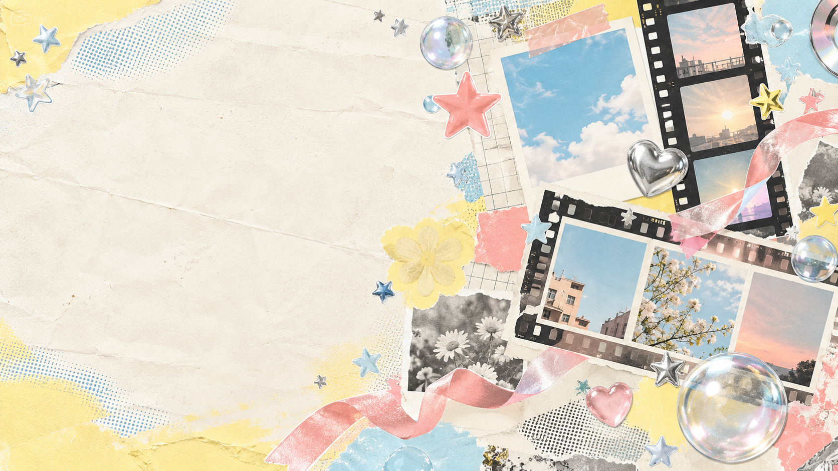 Pastel editorial collage with film strips, stickers, paper texture, and open space.